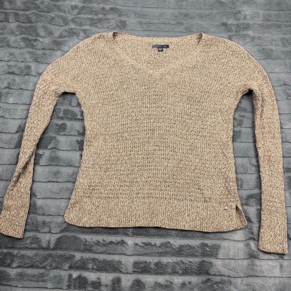American Eagle Outfitters Womens Tan Marl V-Neck Knit Sweater Small Cotton Wool